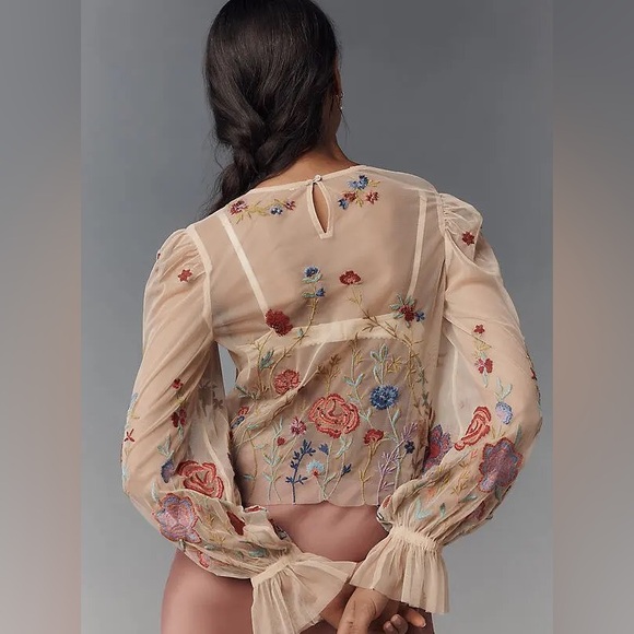 New Anthropologie The Layla Long-Sleeve Appliqué Mesh Blouse Size S - Picture 2 of 8